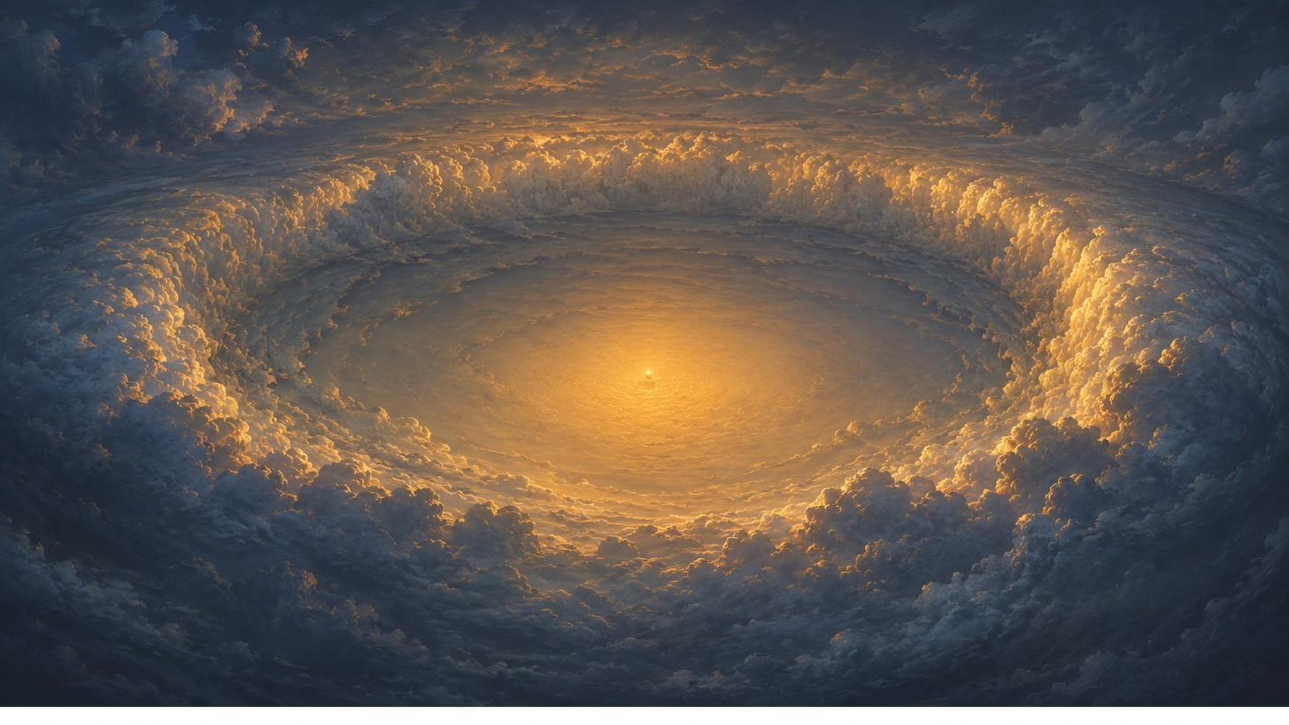 A vast painted hurricane seen from above — a ring of dark clouds around a glowing golden eye, one tiny spark of light at its center.